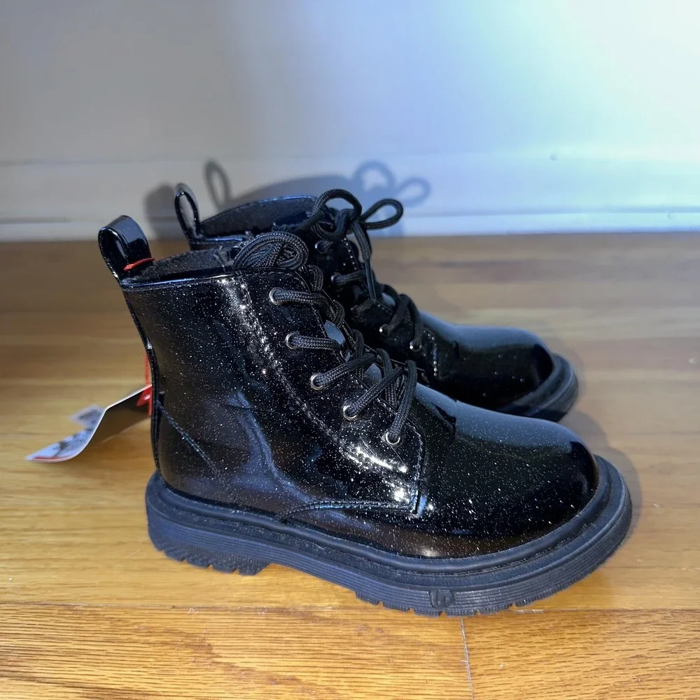 Ground Up Boots Girls 9 Black Glitter Patent Combat Lace Up Side Zip Ankle Youth